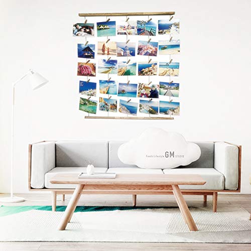 Uping Marco de Fotos de Pared de Madera | Con Cuerda y 30 Pinzas de Madera | 66CM * 74CM | Decoración de la pared, idea del regalo, para foto dibujo memorándum cartel etc. (Color de Madera Claro)