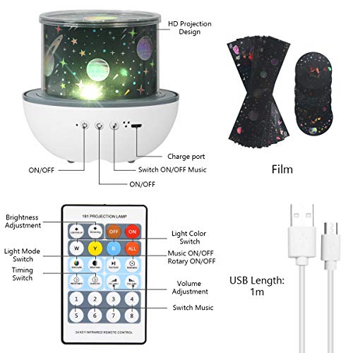 URAQT Proyector de Luz Nocturna Musical, Lámpara Nocturna de Rotación de Proyector de Estrella con Control Remoto y 6 Películas de Proyección, Lindo Juguete y Regalo para Niños y Bebés