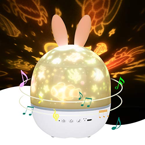 URAQT Proyector de Luz Nocturna Musical, Lámpara Nocturna de Rotación de Proyector de Estrella con Control Remoto y 6 Películas de Proyección, Lindo Juguete y Regalo para Niños y Bebés