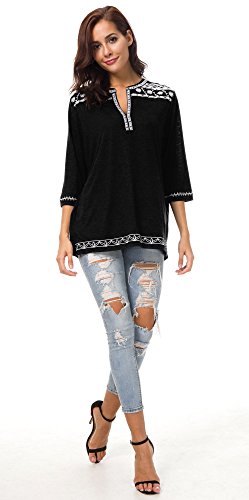 Urban GoCo Mujer Camisas Manga 3/4 Boho Blusa Bordado T-Shirt Tops (Large, Negro)