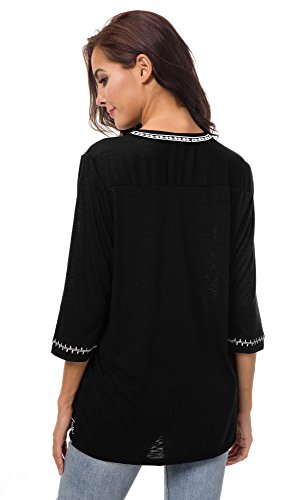 Urban GoCo Mujer Camisas Manga 3/4 Boho Blusa Bordado T-Shirt Tops (Large, Negro)