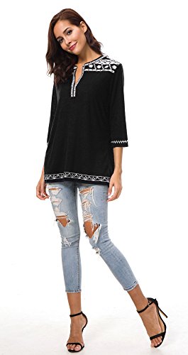 Urban GoCo Mujer Camisas Manga 3/4 Boho Blusa Bordado T-Shirt Tops (Large, Negro)
