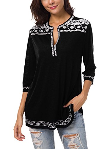 Urban GoCo Mujer Camisas Manga 3/4 Boho Blusa Bordado T-Shirt Tops (Large, Negro)