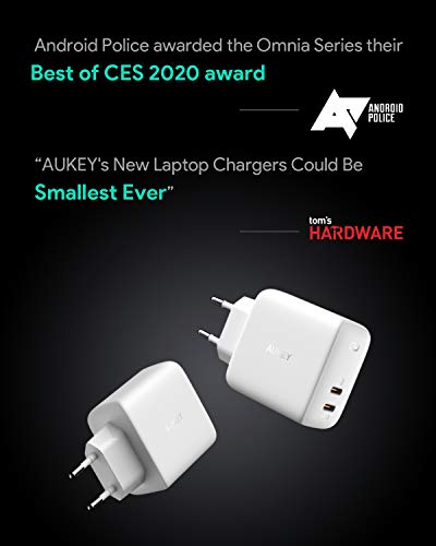USB C Cargador AUKEY Omnia 65W de 2-Puerto PD Cargador de pared Tipo C con GaNFast Tech & Dynamic Detect para iPhone 11 Pro Max SE, Macbook Pro, Dell, iPad, AirPods Pro, Pixel 4 XL, Galaxy S10, Switch