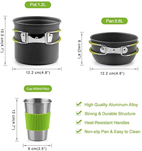 Utensilios Cocina Camping,GreensKon 2-3 Acero Inoxidable Utensilios de Cocina Ollas Sartén Acampar 10 Set Utensilios de Cocina para el Campamento Itinerante de Senderismo al Aire Libre Picnic