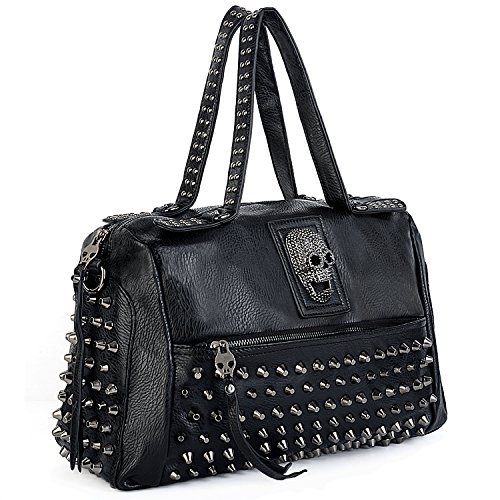 UTO - Bolso de Hombro de Mujer Bolso Tote Moda de Cuero Sintético Remache Tachonado Calavera Cráneo Estilo Punk Gótico con Cremallera
