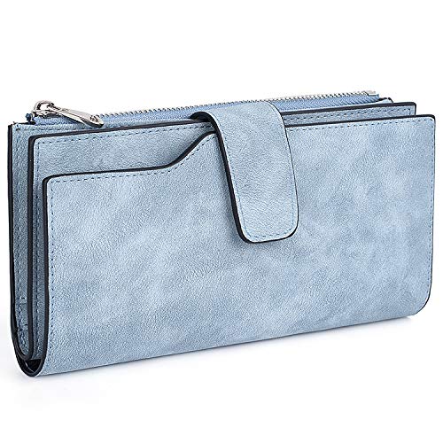 UTO - Cartera RFID Larga de Mujer Monedero Billetera con Cremallera Gran Capacidad para Tarjetas Azul Claro