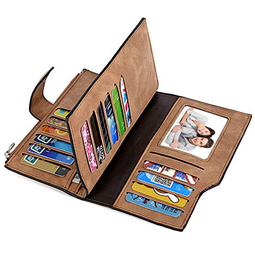 UTO - Cartera RFID Larga de Mujer Monedero Billetera con Cremallera Gran Capacidad para Tarjetas Marrón