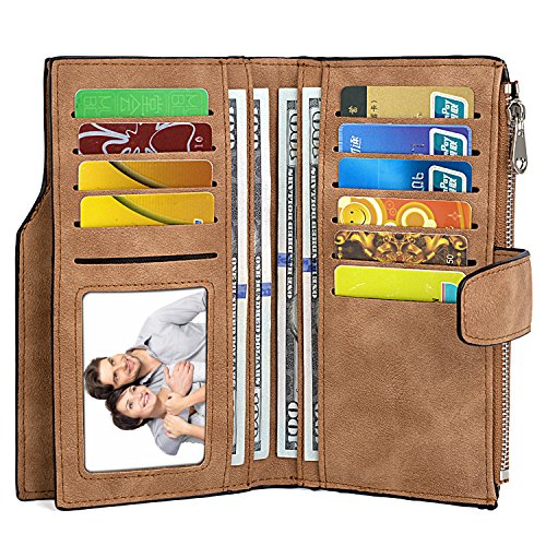 UTO - Cartera RFID Larga de Mujer Monedero Billetera con Cremallera Gran Capacidad para Tarjetas Marrón