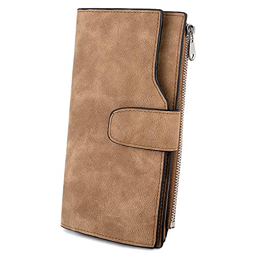 UTO - Cartera RFID Larga de Mujer Monedero Billetera con Cremallera Gran Capacidad para Tarjetas Marrón