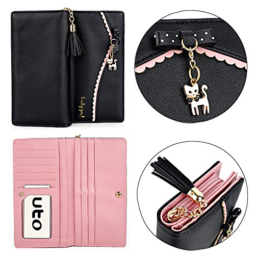 UTO Carteras Largas Mujer PU Cuero Monedas Tarjeta Monedero Billetera con Cremallera y Borla Adornos de Gatito Negro