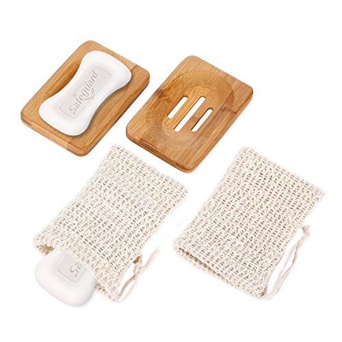 VABNEER 2 Piezas Natural Bambú Bandeja de Jabón Jabonera de Madera Caja de Jabón de Madera Natural con 2 Piezas Bolsa de Jabón Natural Sacos de Jabón