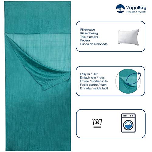 Vagabag - Saco Sábana de Dormir - Sábana de Seda Ultraligera - cómoda y Suave: 100% Seda Natural - Compartimento para Almohada - para Acampada y Cualquier Viaje (Verde Esmeralda, XL 1 Pers. 85x220 cm)