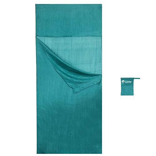 Vagabag - Saco Sábana de Dormir - Sábana de Seda Ultraligera - cómoda y Suave: 100% Seda Natural - Compartimento para Almohada - para Acampada y Cualquier Viaje (Verde Esmeralda, XL 1 Pers. 85x220 cm)