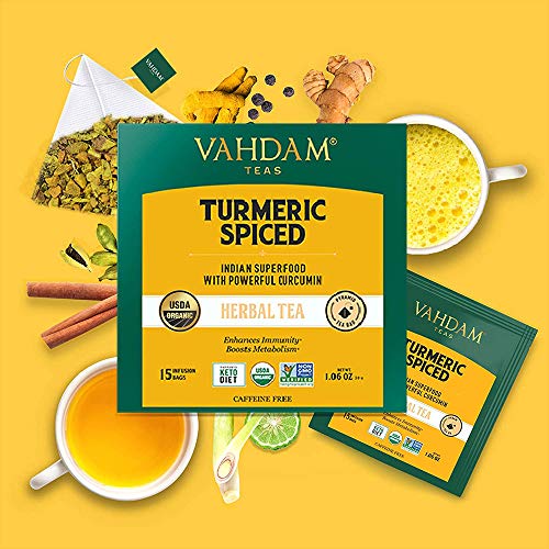 VAHDAM, Orgánica Té de hierbas con sabor a cúrcuma (30 Bolsitas De Té) | GANADOR DEL PREMIO SOFI | LA ESPECIA DE LA MARAVILLA DE LA INDIA | Polvo De Cúrcuma Mezclado Con Especias Frescas
