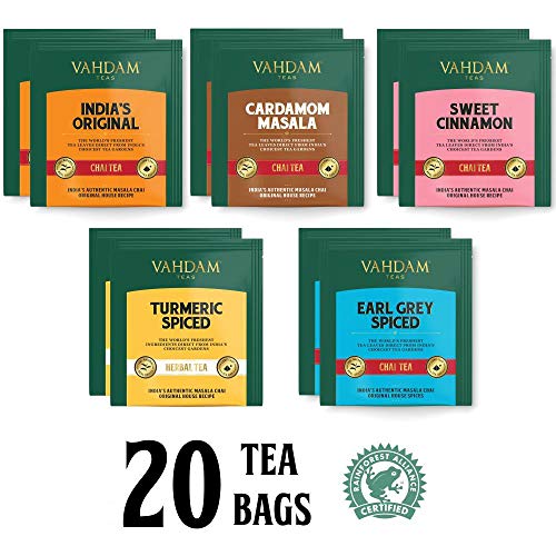 VAHDAM, surtido de té Chai 5 tés, 4 bolsitas de té de pirámide cada una (20 bolsitas de té) | Original Masala Chai de la India, dulce canela Chai, cardamomo Chai, Earl Grey Chai de India