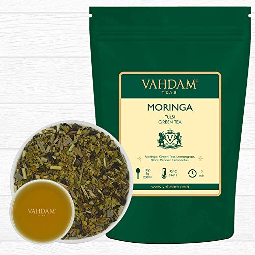 VAHDAM, Té Verde de Moringa y Tulsi – Set de 2 (100g x2) +100 Tazas| 100% Ingredientes Naturales| TÉ VERDE A GRANEL | Saludable MORINGA + ALBAHACA + TÉ VERDE | Mezcla de Té Pura y Refrescante