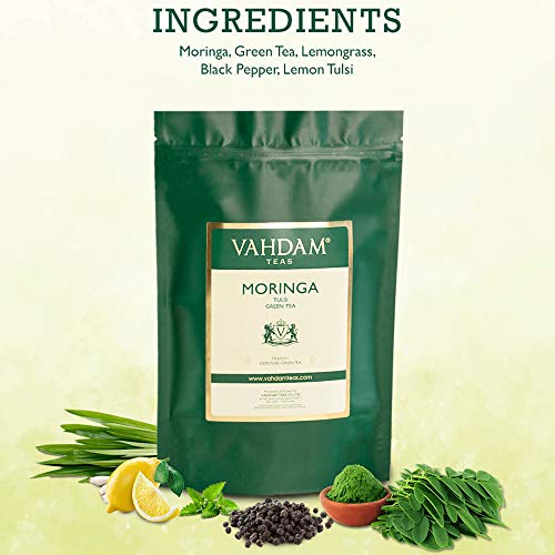 VAHDAM, Té Verde de Moringa y Tulsi – Set de 2 (100g x2) +100 Tazas| 100% Ingredientes Naturales| TÉ VERDE A GRANEL | Saludable MORINGA + ALBAHACA + TÉ VERDE | Mezcla de Té Pura y Refrescante