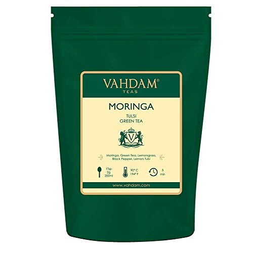 VAHDAM, Té Verde de Moringa y Tulsi – Set de 2 (100g x2) +100 Tazas| 100% Ingredientes Naturales| TÉ VERDE A GRANEL | Saludable MORINGA + ALBAHACA + TÉ VERDE | Mezcla de Té Pura y Refrescante