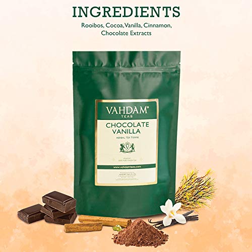 VAHDAM, Tisana a Granel de Chocolate y Vainilla | Set de 2 (100g x2) +50 Tazas | Té de CHOCOLATE Artesanal + VAINILLA Cremosa | 100% Puro y Natural | Beneficios de las INFUSIONES DE HIERBAS