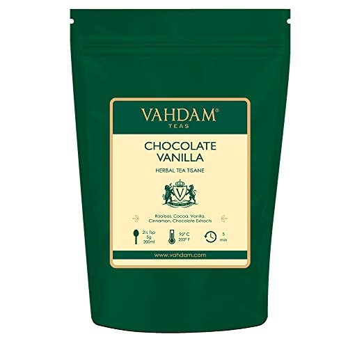 VAHDAM, Tisana a Granel de Chocolate y Vainilla | Set de 2 (100g x2) +50 Tazas | Té de CHOCOLATE Artesanal + VAINILLA Cremosa | 100% Puro y Natural | Beneficios de las INFUSIONES DE HIERBAS