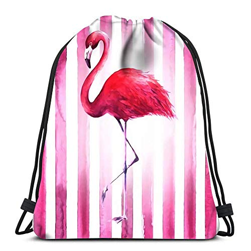 Valender Mochila con cordón Flamenco Tropical exótico Rosa en Rayas Verticales y Acuarela Blanca Mochila Bolsas para Zapatos