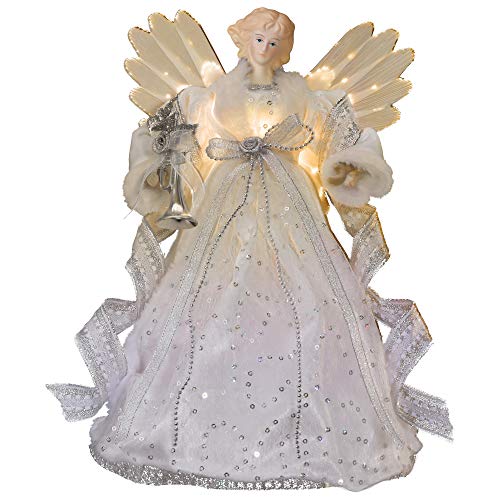 Valery Madelyn Ángel de Adornos Copa del árbol de Navidad Blanco Plate, 30cm Topper de Tela Plata Navidad con 10 Luces LED Cálidas, Decoraciones de Navidad Funciona con Batería No Incluida