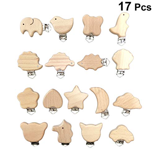 VALICLUD 17Pcs Clip de Chupete Animal de Madera de Haya Natural Mordedor No Tóxico para Bebé Niño Pequeño Dentición Agarre Juguete de Bricolaje