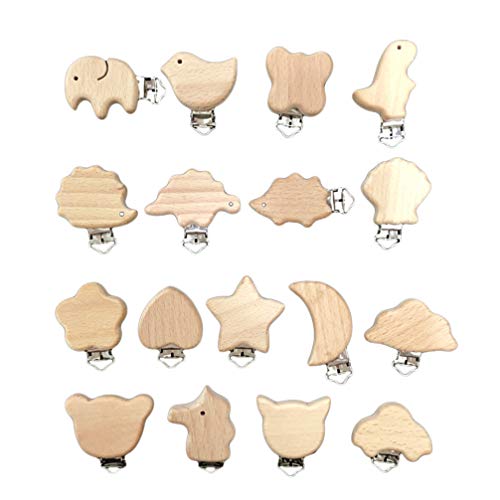 VALICLUD 17Pcs Clip de Chupete Animal de Madera de Haya Natural Mordedor No Tóxico para Bebé Niño Pequeño Dentición Agarre Juguete de Bricolaje
