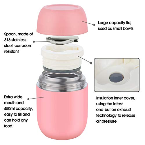 ValueTalks Termo para Alimentos 450ml Tarro de Comida Acero Inoxidable Aislado al Vacío Frasco con una Cuchara Plegable para Adultos Niños y Bebés(Rosa)