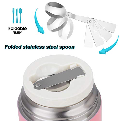 ValueTalks Termo para Alimentos 450ml Tarro de Comida Acero Inoxidable Aislado al Vacío Frasco con una Cuchara Plegable para Adultos Niños y Bebés(Rosa)