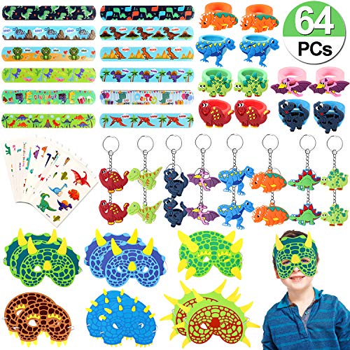 vamei 64 Piezas Fiesta Dinosaurio Niños Máscaras Pulseras de Juguete Bofetada Pulsera Llavero Dinosaurio Tatuaje Niños Anillos Niños Fiesta Cumpleaños Artículos