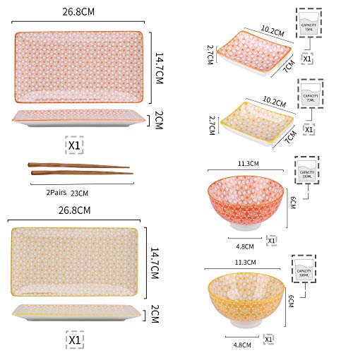 vancasso Serie Natsuki Vajillas de Sushi Japonés 8 Piezas, 2 Platos para Sushi, 2 Cuencos, 2 pequeños Platos de Salsas, 2 Pares de Palillos Madera, con Caja de Regalo, Set de Sushi
