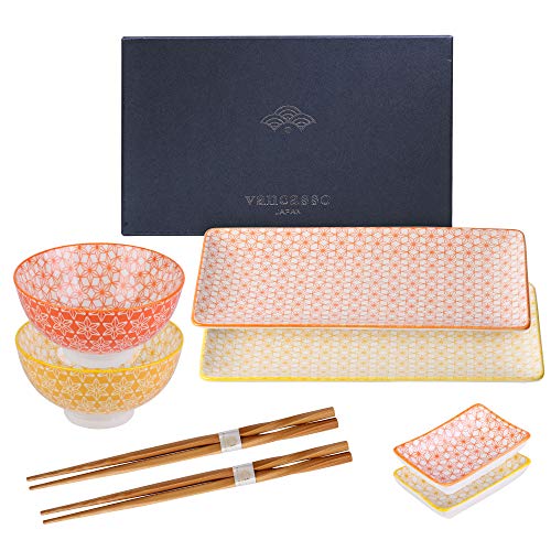 vancasso Serie Natsuki Vajillas de Sushi Japonés 8 Piezas, 2 Platos para Sushi, 2 Cuencos, 2 pequeños Platos de Salsas, 2 Pares de Palillos Madera, con Caja de Regalo, Set de Sushi