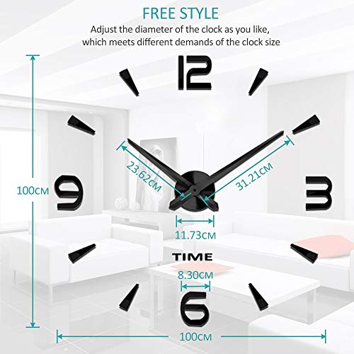 VANGOLD DIY Reloj de Pared sin Marco Espejo Grande 3D Sticker-2 años de garantía (Negro-73)