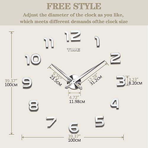 VANGOLD Mute DIY Reloj de Pared sin Marco Espejo Grande 3D Sticker-2 años de garantía (Plata)