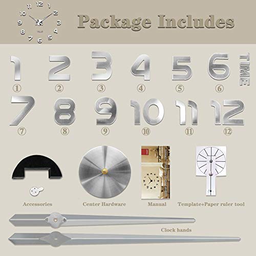 VANGOLD Mute DIY Reloj de Pared sin Marco Espejo Grande 3D Sticker-2 años de garantía (Plata)