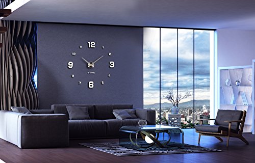 VANGOLD Reloj silencioso 3D adhesivo efecto cristal para pared, sin marco, tamaño grande, para decorar la oficina o casa,Plateado-2 años de garantía