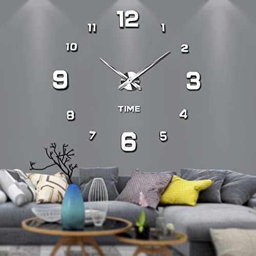 VANGOLD Reloj silencioso 3D adhesivo efecto cristal para pared, sin marco, tamaño grande, para decorar la oficina o casa,Plateado-2 años de garantía