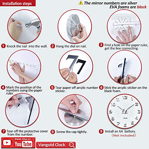 VANGOLD Reloj silencioso 3D adhesivo efecto cristal para pared, sin marco, tamaño grande, para decorar la oficina o casa,Plateado-2 años de garantía