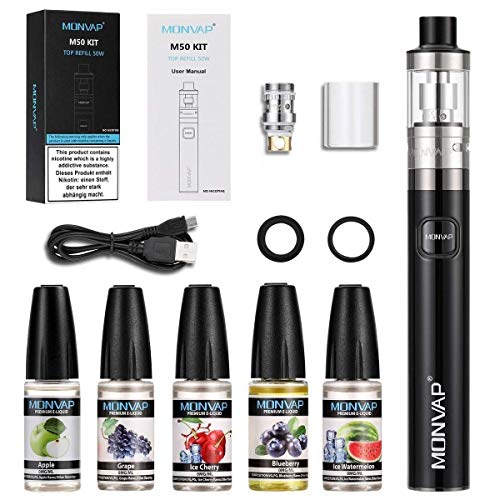 Vaper Cigarros Electronicos 50W, MONVAP M50 Vapeador Kit Completo y Liquido, Top Refill Vaporizador 0.5ohm 2ml, 1500mah Battería Recargable Cigarro Electronico, E Cigarette Sin Nicotina 0.0mg