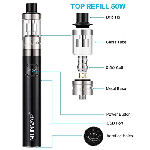 Vaper Cigarros Electronicos 50W, MONVAP M50 Vapeador Kit Completo y Liquido, Top Refill Vaporizador 0.5ohm 2ml, 1500mah Battería Recargable Cigarro Electronico, E Cigarette Sin Nicotina 0.0mg