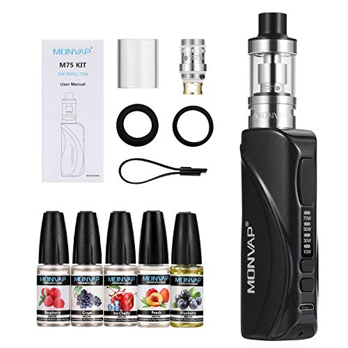 Vaper Cigarros Electronicos 75W, MONVAP M75 y 5x10 E Liquido, 2600mah Built-in Vape Mod Box Kit, Top Refill Atomizador 0.3ohm 2ml ECig, E Cigarette Starter Set Sin Nicotina 0.0mg