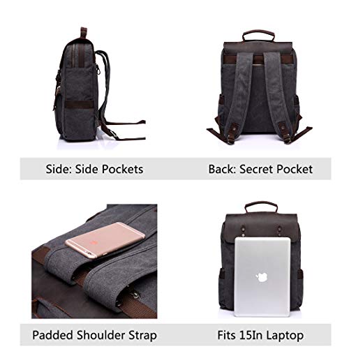 VASCHY Mochila Hombre,Mochila Vintage Mochila Mujer Lona Cuero Mochila para Portatil 15 Pulgadas Mochilas Escolares Piel Mochila Casual Impermeable Mochila Viajes Trabajo Gris
