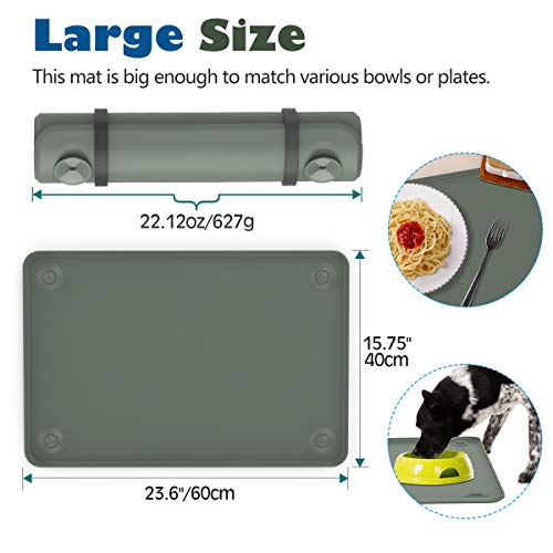 VavoPaw Mantel Individual para Mascotas, Bandeja de Silicona de Grado Alimenticio Impermeable para Mascotas, Accesorios de Comida con Diseño Único de Ventosa para Gatos, Perros – Gris Verde