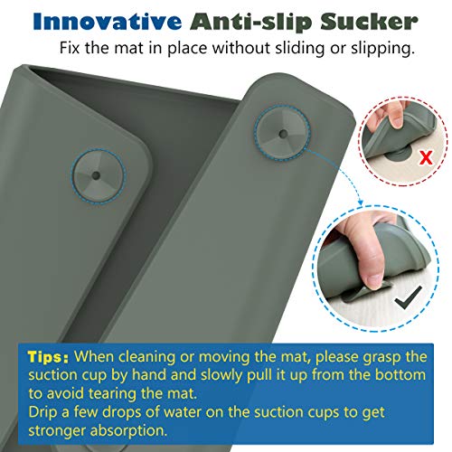 VavoPaw Mantel Individual para Mascotas, Bandeja de Silicona de Grado Alimenticio Impermeable para Mascotas, Accesorios de Comida con Diseño Único de Ventosa para Gatos, Perros – Gris Verde
