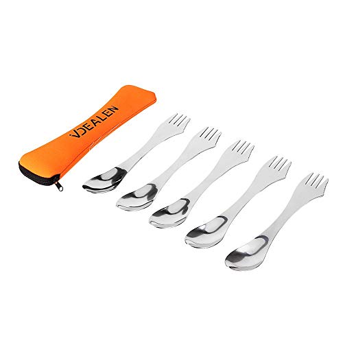 Vdealen Cubiertos de Acampada, Juego de Cubiertos de Tenedor Cuchara Cuchillo 3-en-1, Curva Ergonómica de Horquilla con Borde Dentado en la Horquilla- Ideal para Acampar, Trabajo, Viajar Llevar