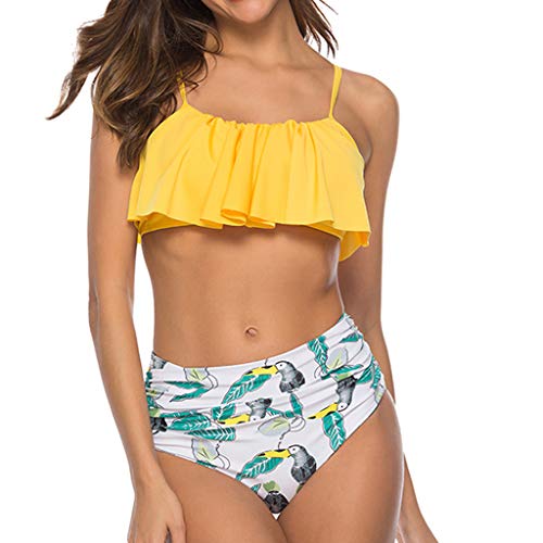 VECDY Bikinis Mujer 2019, Braga Alta Moda Sexy Traje De Baño 2 Piezas con Volante Superior Y Conjunto De Bikini De Talle Alto Camisola Linda Ropa De Baño para Playa, Verano, Vacaciones(Amarillo,M)