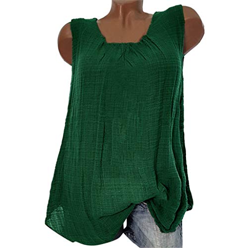 VECDY Blusas para Mujer Elegantes Tallas Grandes, Camiseta Sin Mangas Holgada del Chaleco Algodon Lino Camiseta Suelto Verano Tops Casual Fiesta T-Shirt Ajustable （Verde，3XL）