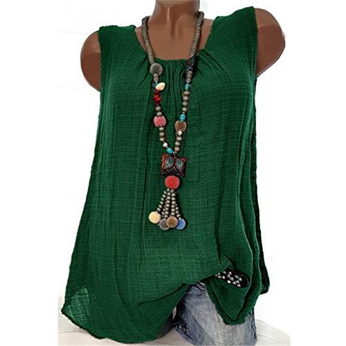 VECDY Blusas para Mujer Elegantes Tallas Grandes, Camiseta Sin Mangas Holgada del Chaleco Algodon Lino Camiseta Suelto Verano Tops Casual Fiesta T-Shirt Ajustable （Verde，3XL）